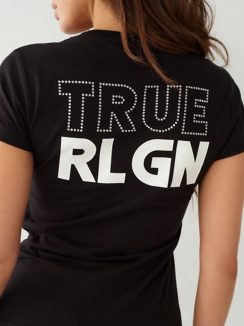 True Religion Crystal Logo V T-Shirts Damen Schwarz | 45816NXQK