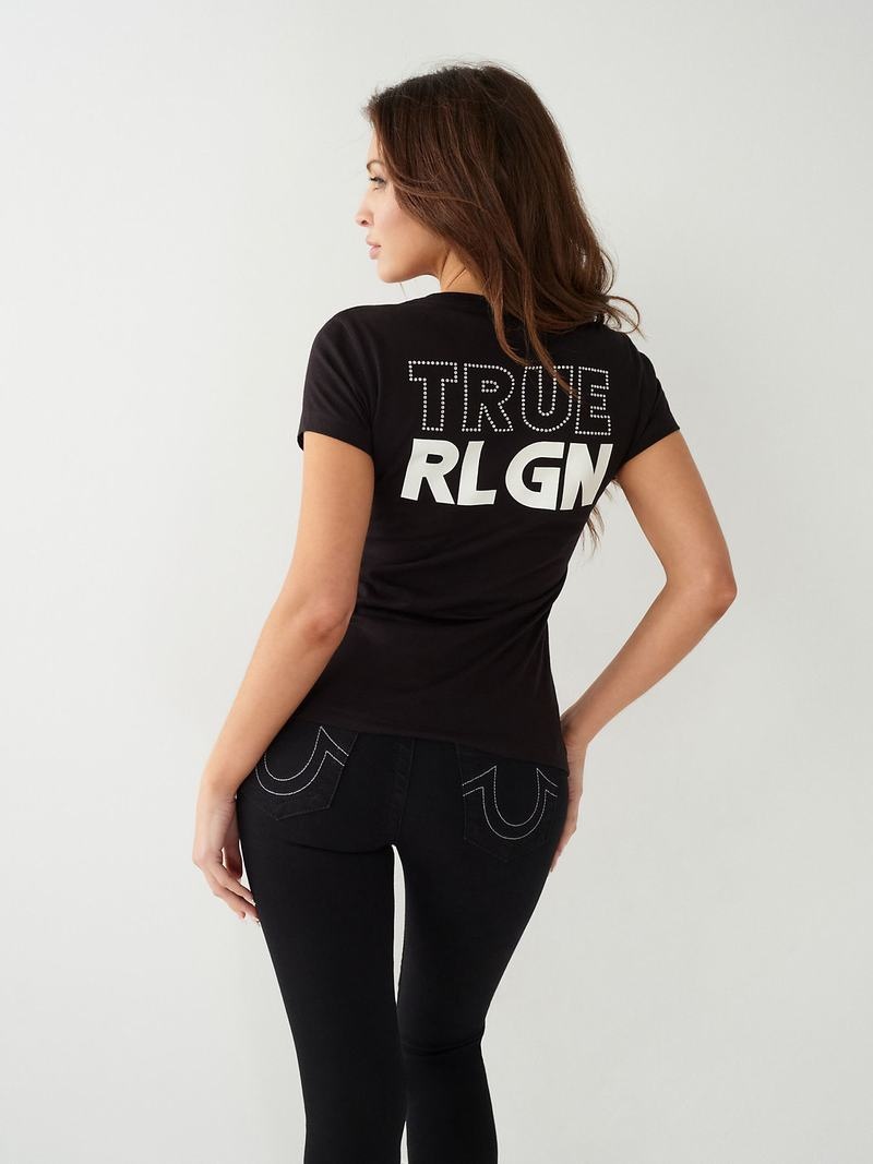 True Religion Crystal Logo V T-Shirts Damen Schwarz | 45816NXQK