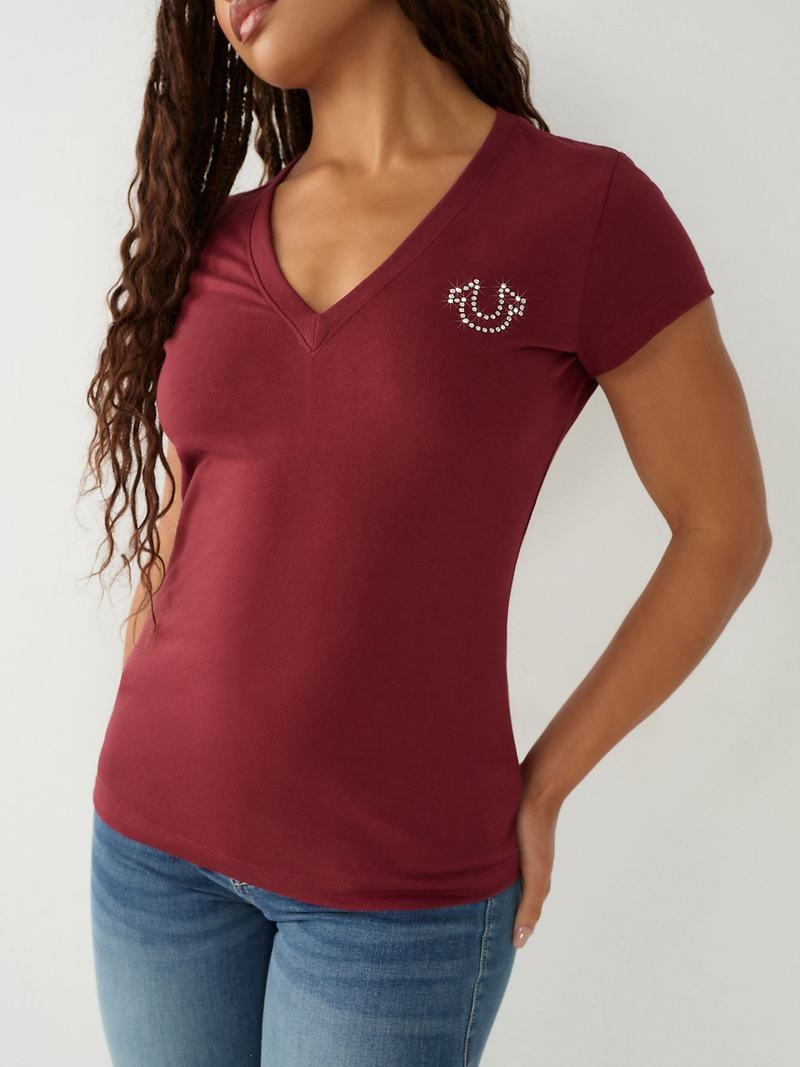 True Religion Crystal Logo V T-Shirts Damen Bordeaux | 84193YXJR