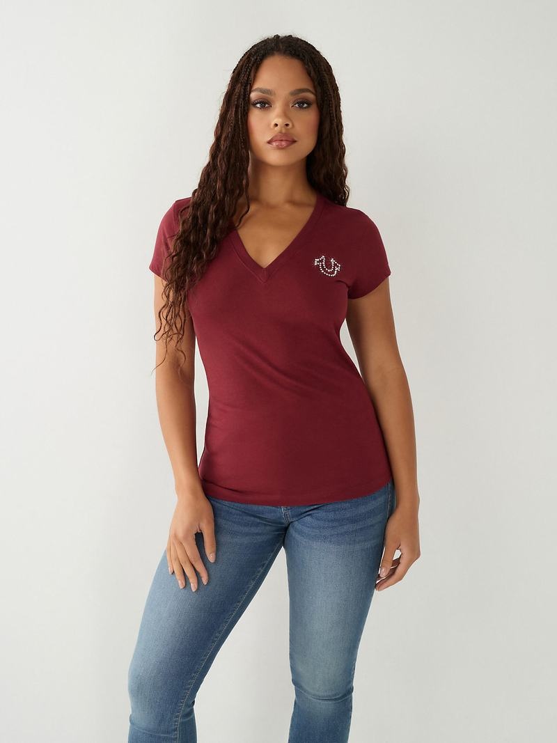 True Religion Crystal Logo V T-Shirts Damen Bordeaux | 84193YXJR