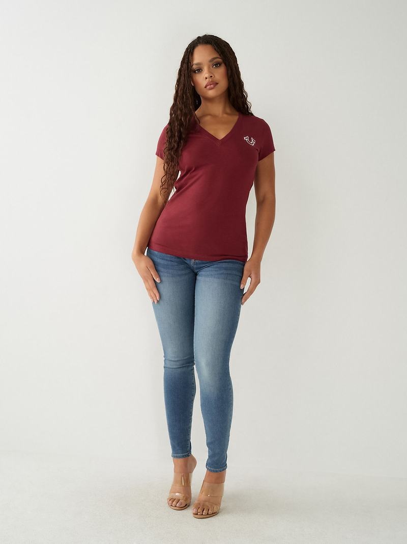 True Religion Crystal Logo V T-Shirts Damen Bordeaux | 84193YXJR