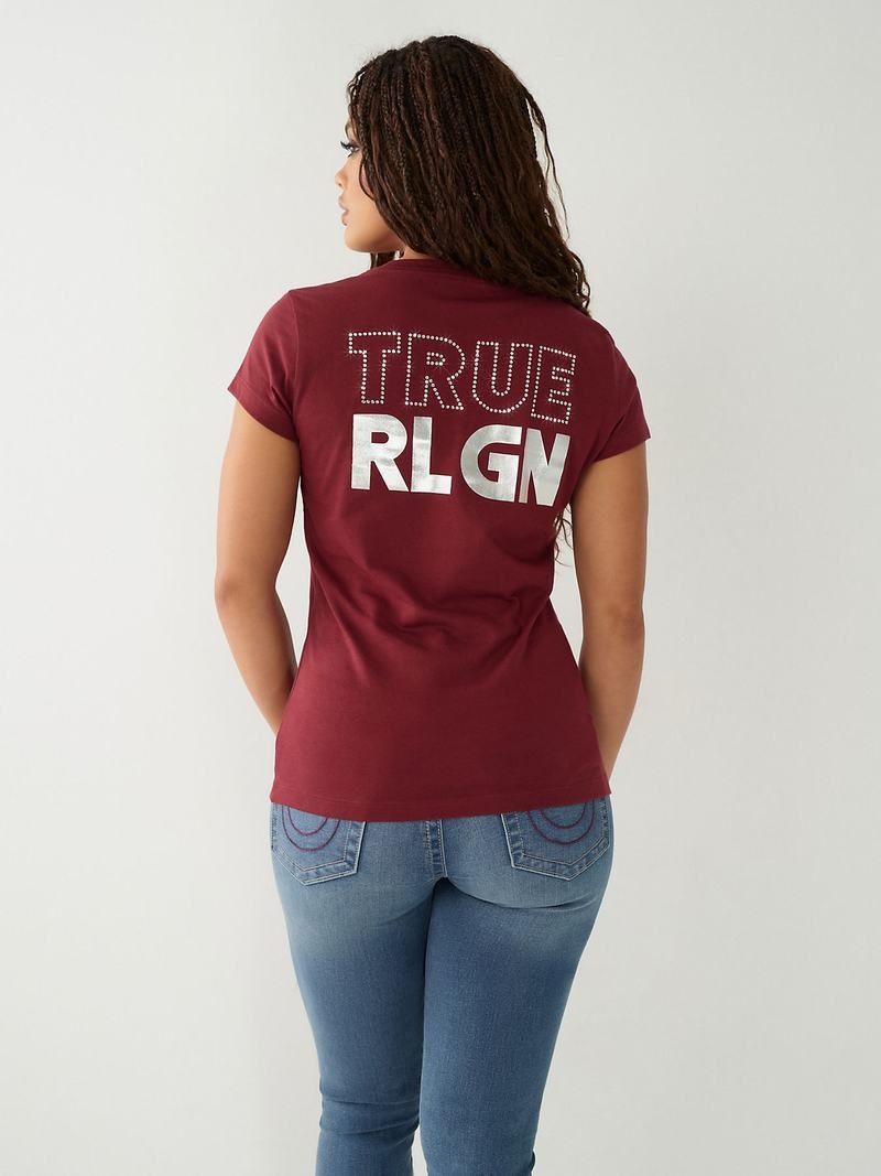 True Religion Crystal Logo V T-Shirts Damen Bordeaux | 84193YXJR