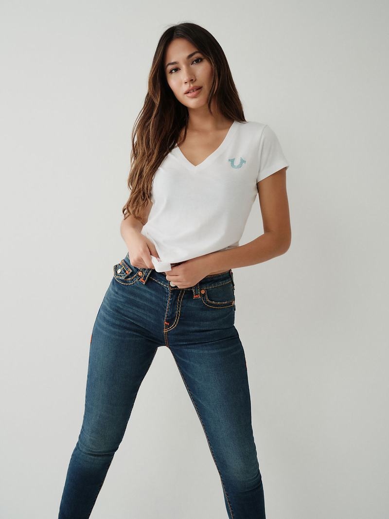 True Religion Crystal Logo V T-Shirts Damen Weiß | 36819EYSP