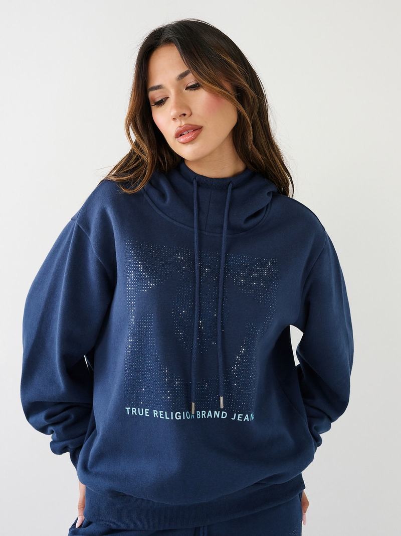 True Religion Crystal Relaxed Hoodie Damen Navy Blau | 61524LQWZ