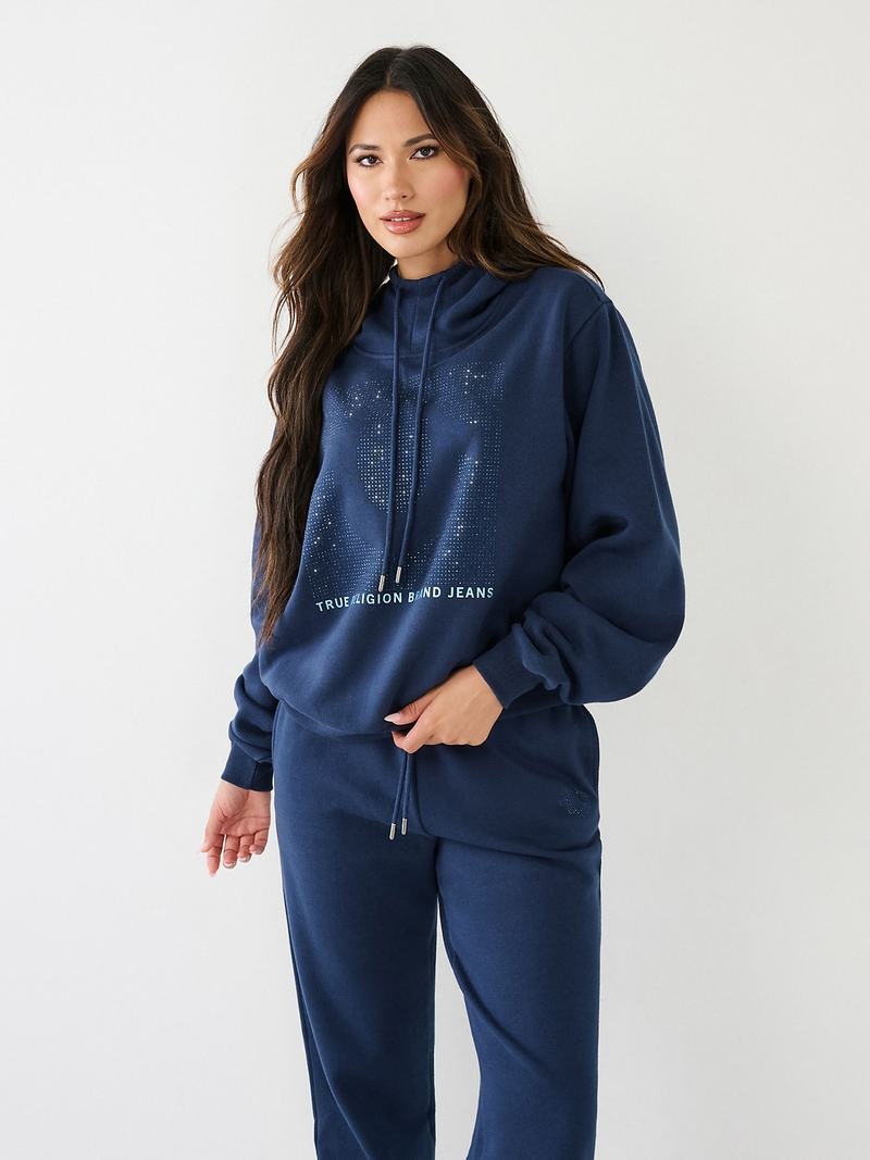 True Religion Crystal Relaxed Hoodie Damen Navy Blau | 61524LQWZ