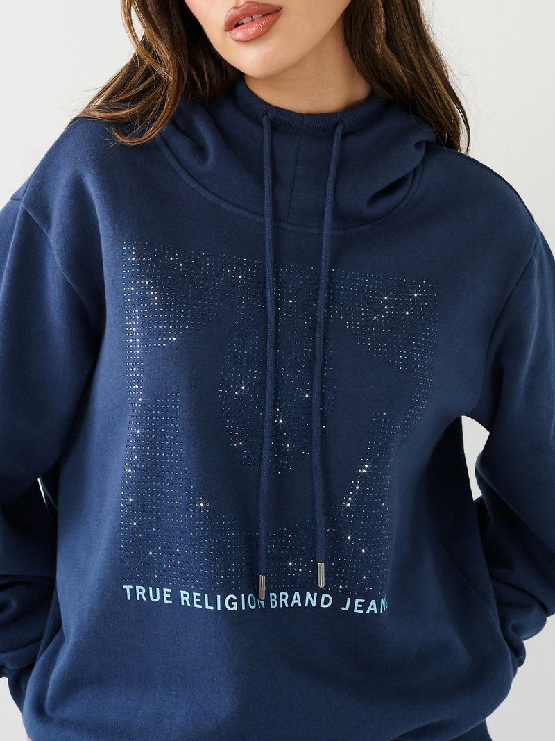 True Religion Crystal Relaxed Hoodie Damen Navy Blau | 61524LQWZ