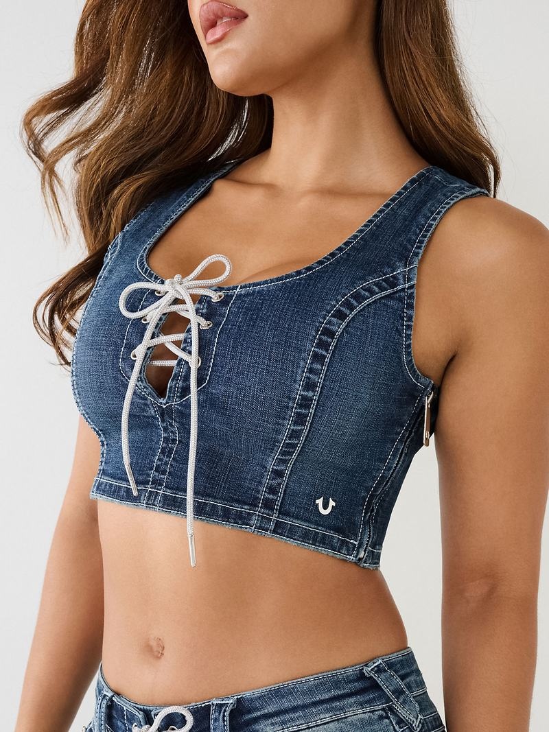 True Religion Crystal Spitze Up Denim Sport BH Damen Weiß | 87953QPCK