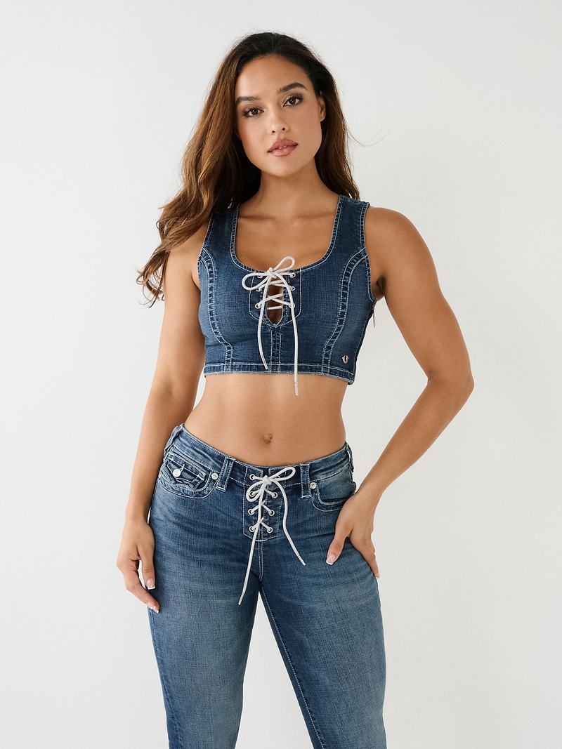 True Religion Crystal Spitze Up Denim Sport BH Damen Weiß | 87953QPCK