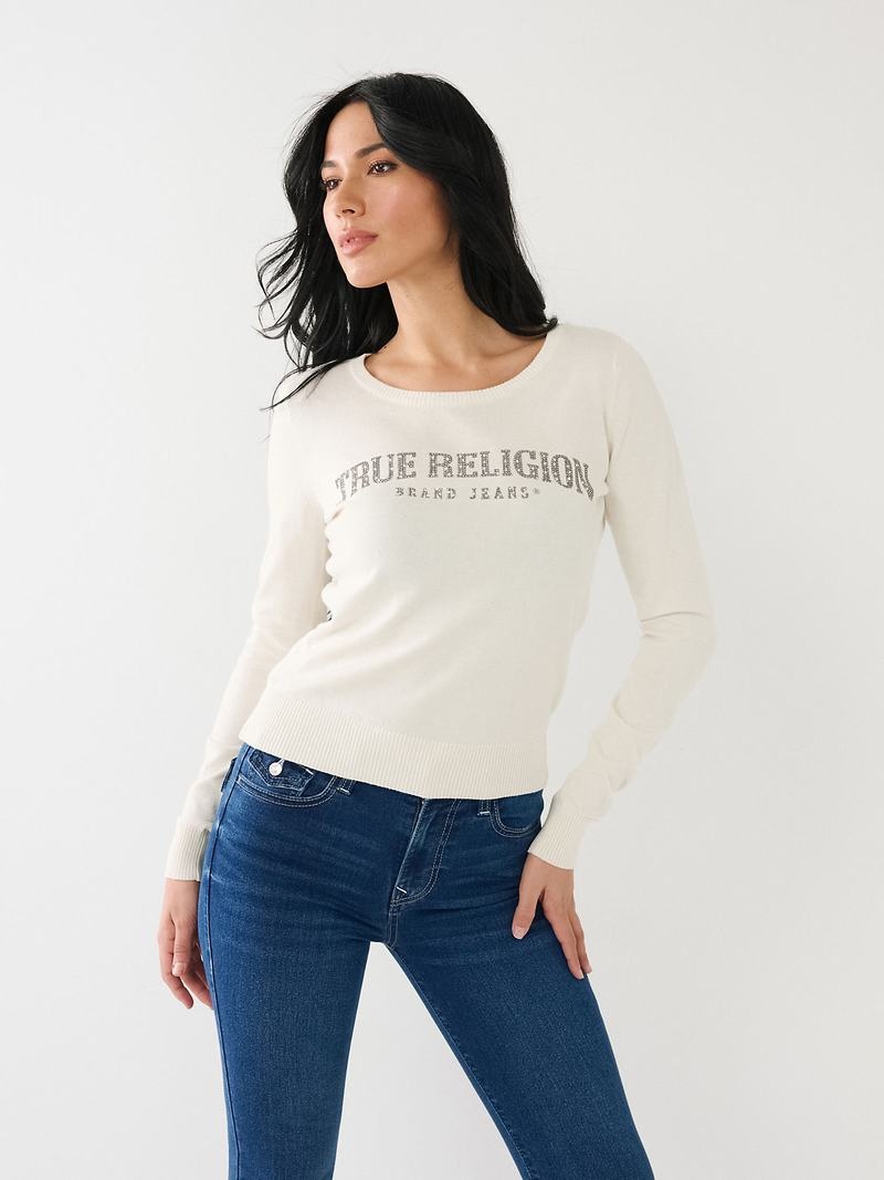 True Religion Crystal True Religion Logo Pullover Damen Weiß | 24769UMJI