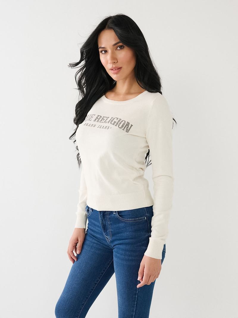 True Religion Crystal True Religion Logo Pullover Damen Weiß | 24769UMJI