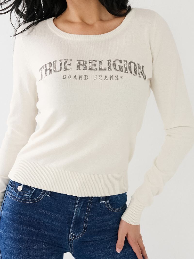 True Religion Crystal True Religion Logo Pullover Damen Weiß | 24769UMJI