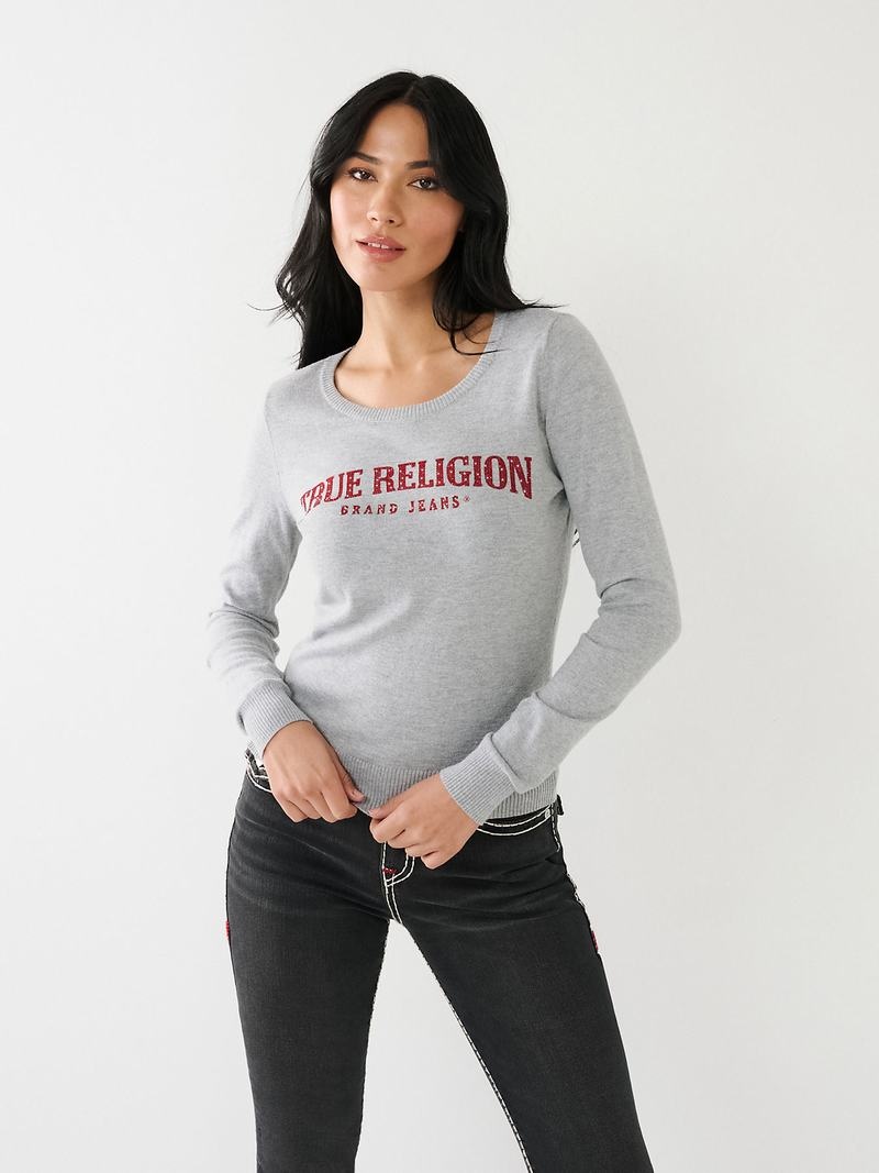 True Religion Crystal True Religion Logo Pullover Damen Grau | 50792DYVE