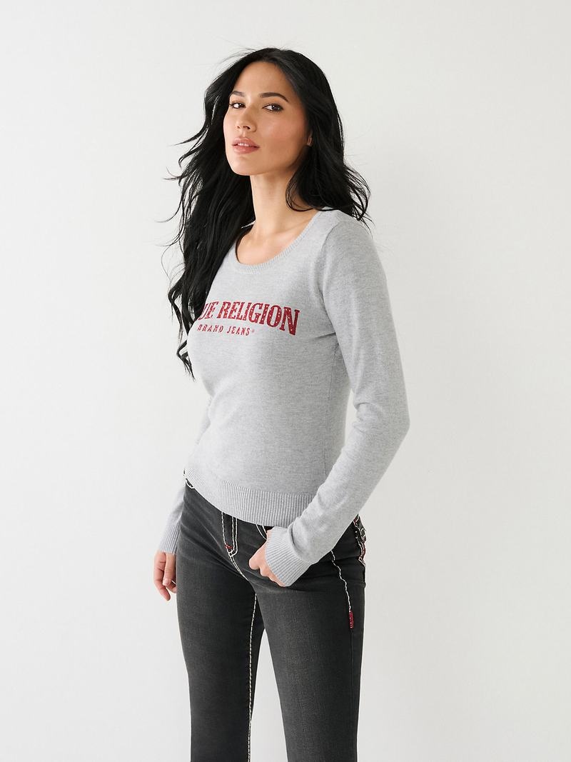 True Religion Crystal True Religion Logo Pullover Damen Grau | 50792DYVE