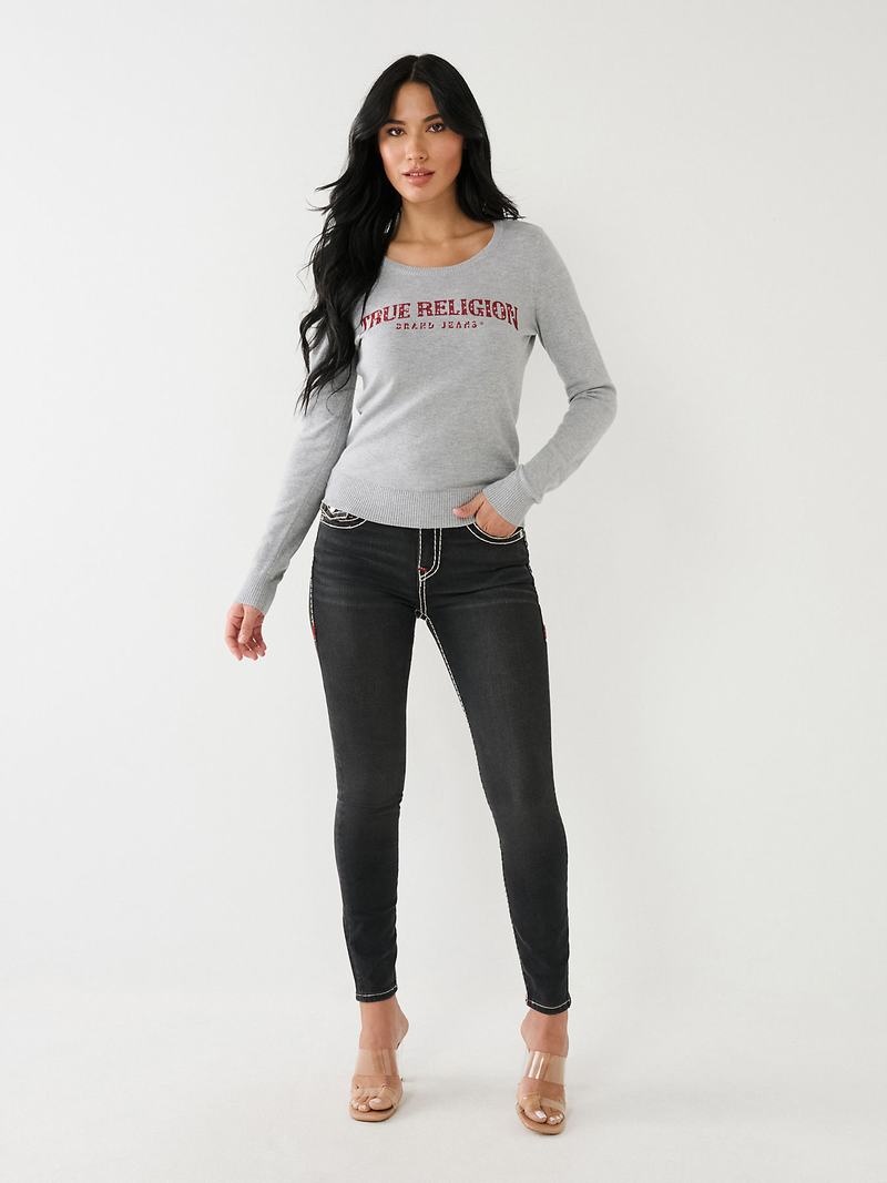 True Religion Crystal True Religion Logo Pullover Damen Grau | 50792DYVE