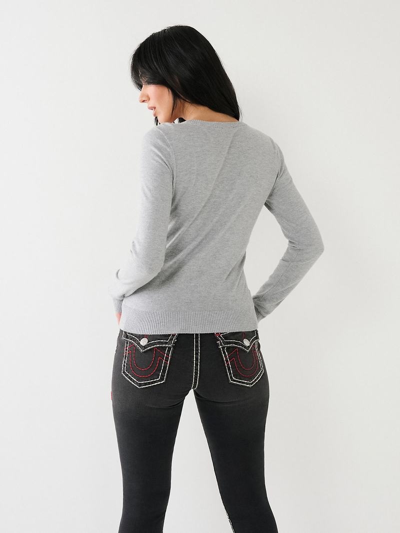 True Religion Crystal True Religion Logo Pullover Damen Grau | 50792DYVE