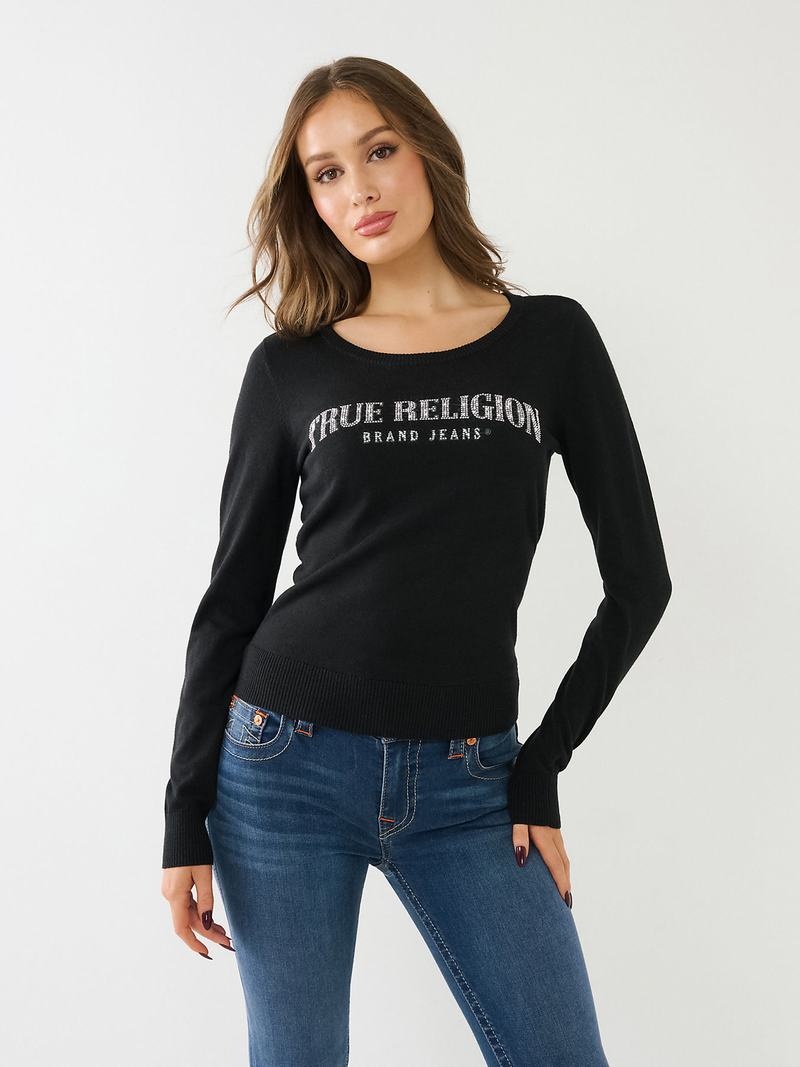 True Religion Crystal True Religion Logo Pullover Damen Schwarz | 47820JEZC