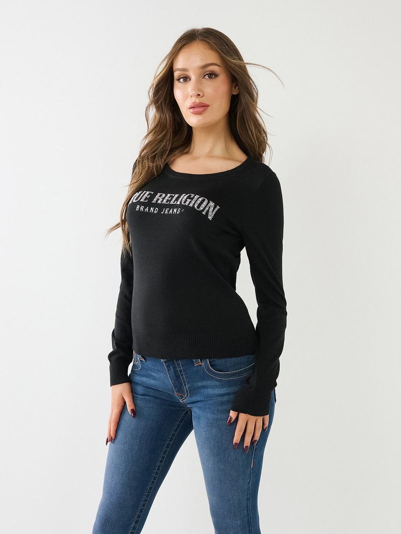 True Religion Crystal True Religion Logo Pullover Damen Schwarz | 47820JEZC