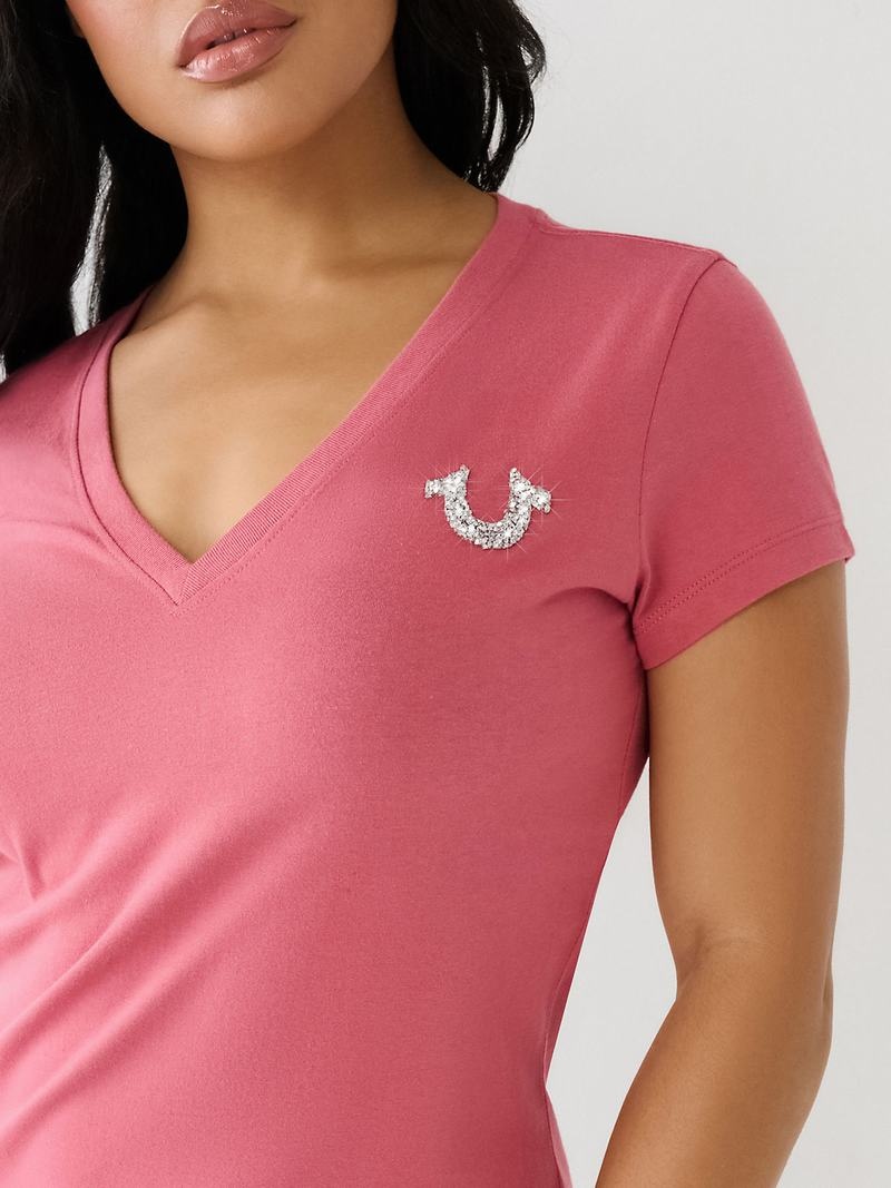 True Religion Crystal V Neck Logo T-Shirts Damen Rosa | 54180YBEX