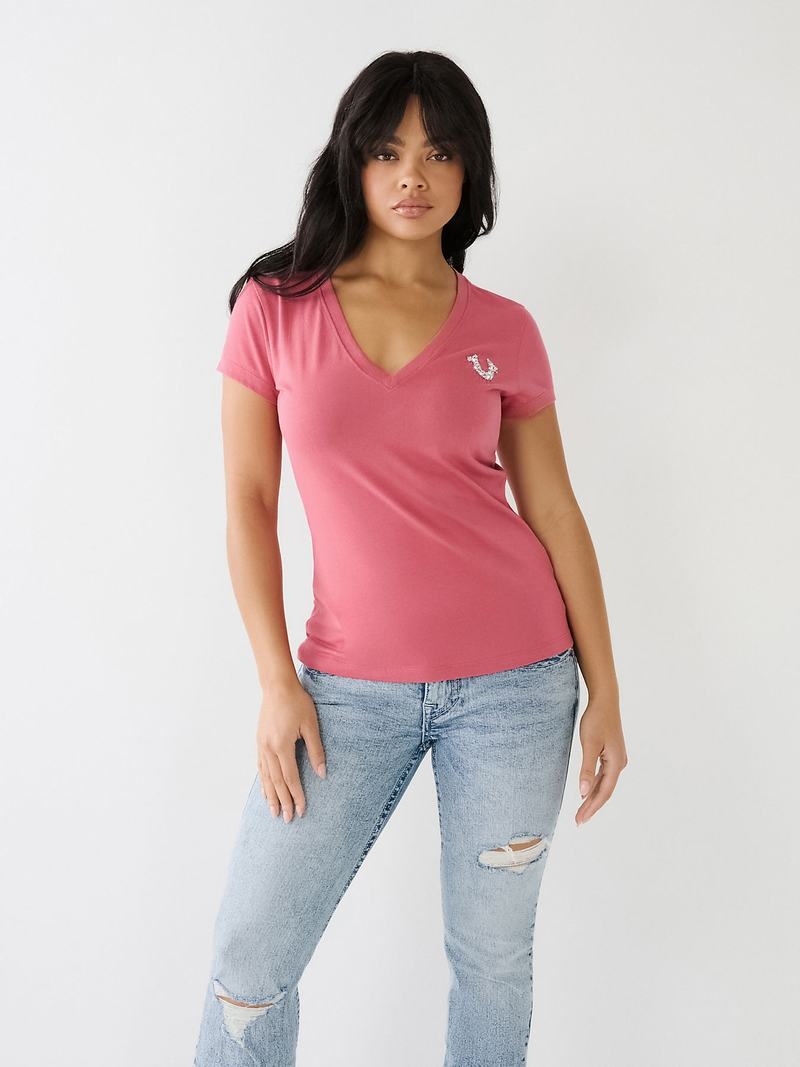 True Religion Crystal V Neck Logo T-Shirts Damen Rosa | 54180YBEX