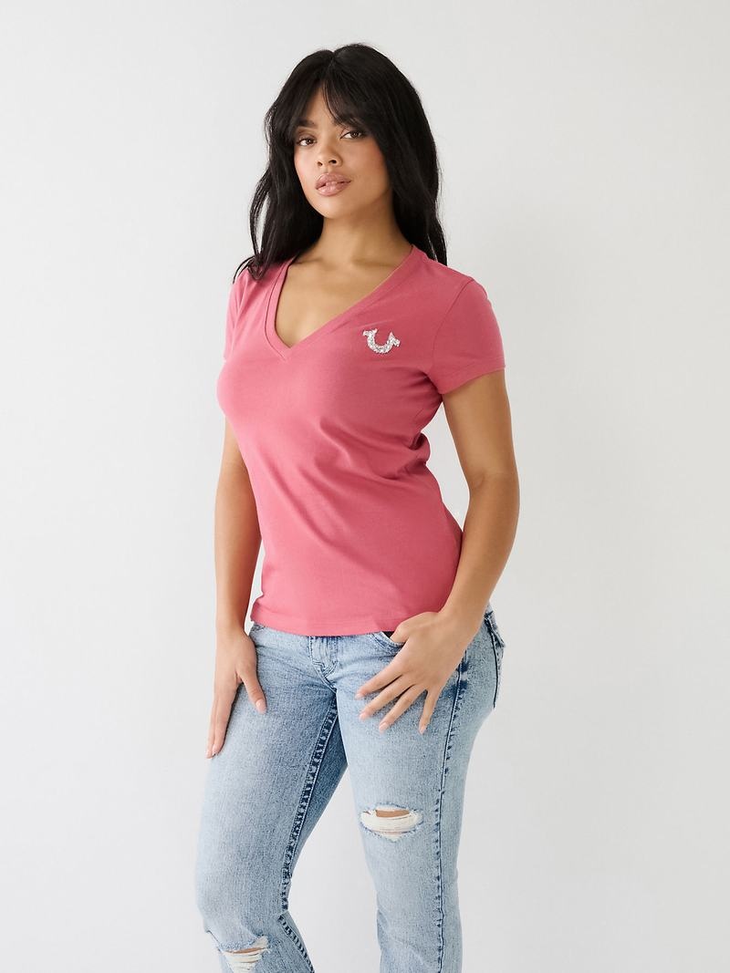 True Religion Crystal V Neck Logo T-Shirts Damen Rosa | 54180YBEX