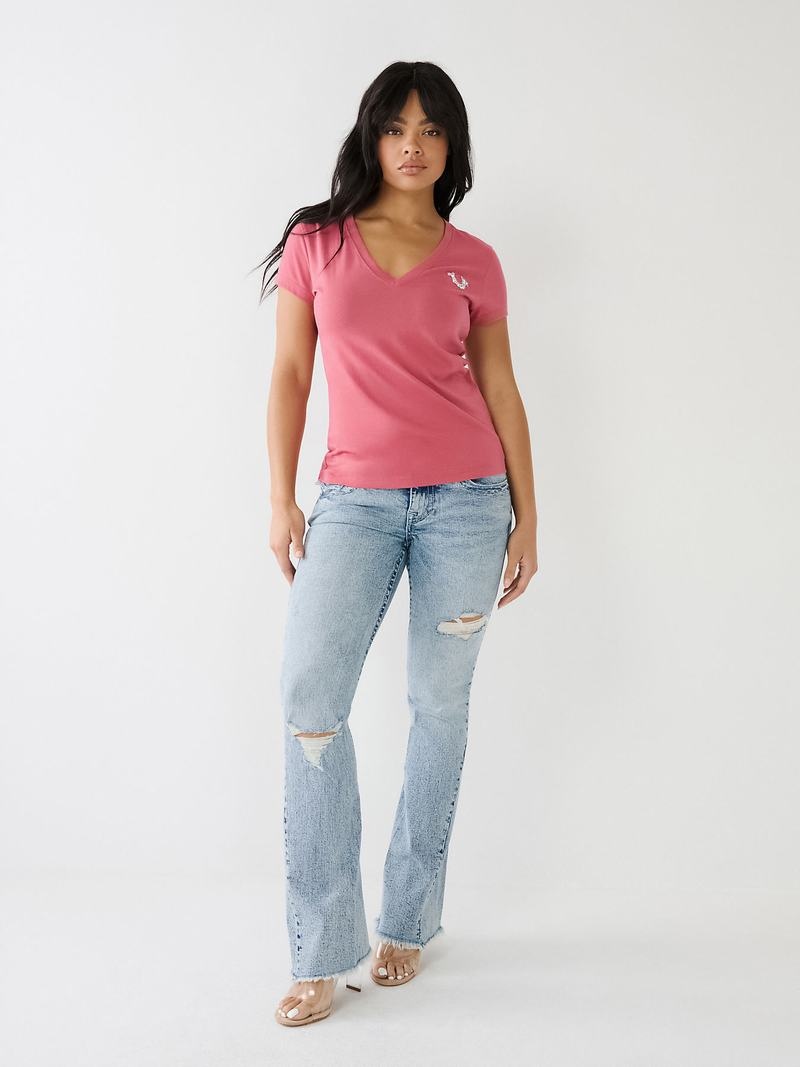 True Religion Crystal V Neck Logo T-Shirts Damen Rosa | 54180YBEX