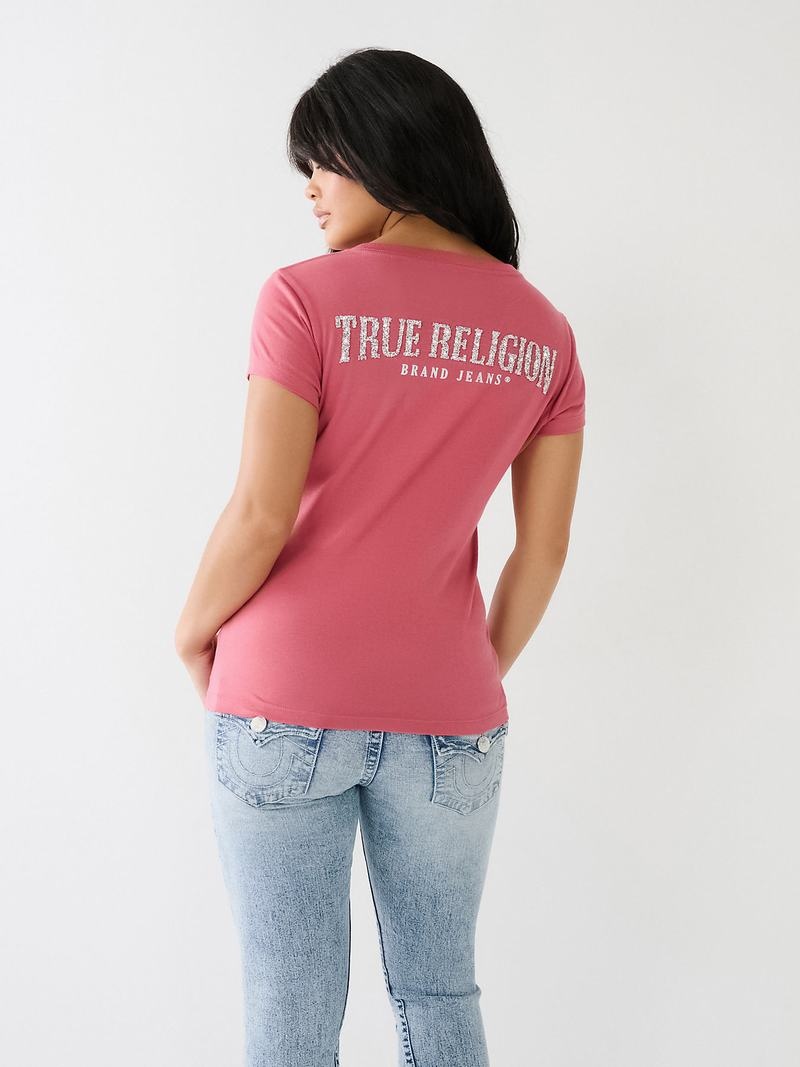 True Religion Crystal V Neck Logo T-Shirts Damen Rosa | 54180YBEX