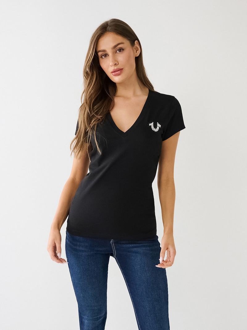 True Religion Crystal V Neck Logo T-Shirts Damen Schwarz | 57891DQXF