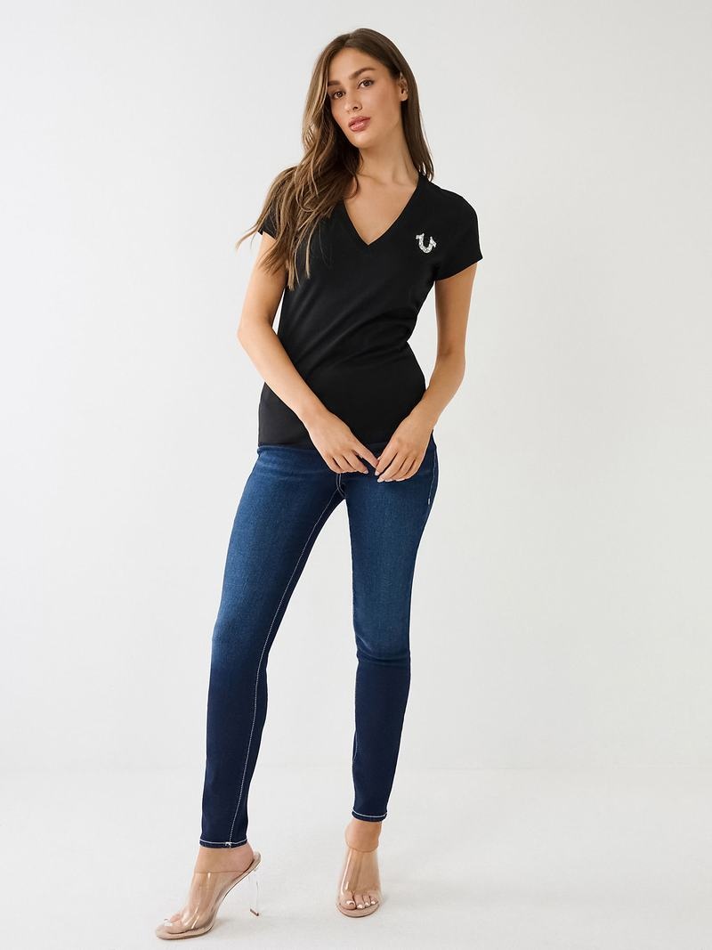 True Religion Crystal V Neck Logo T-Shirts Damen Schwarz | 57891DQXF