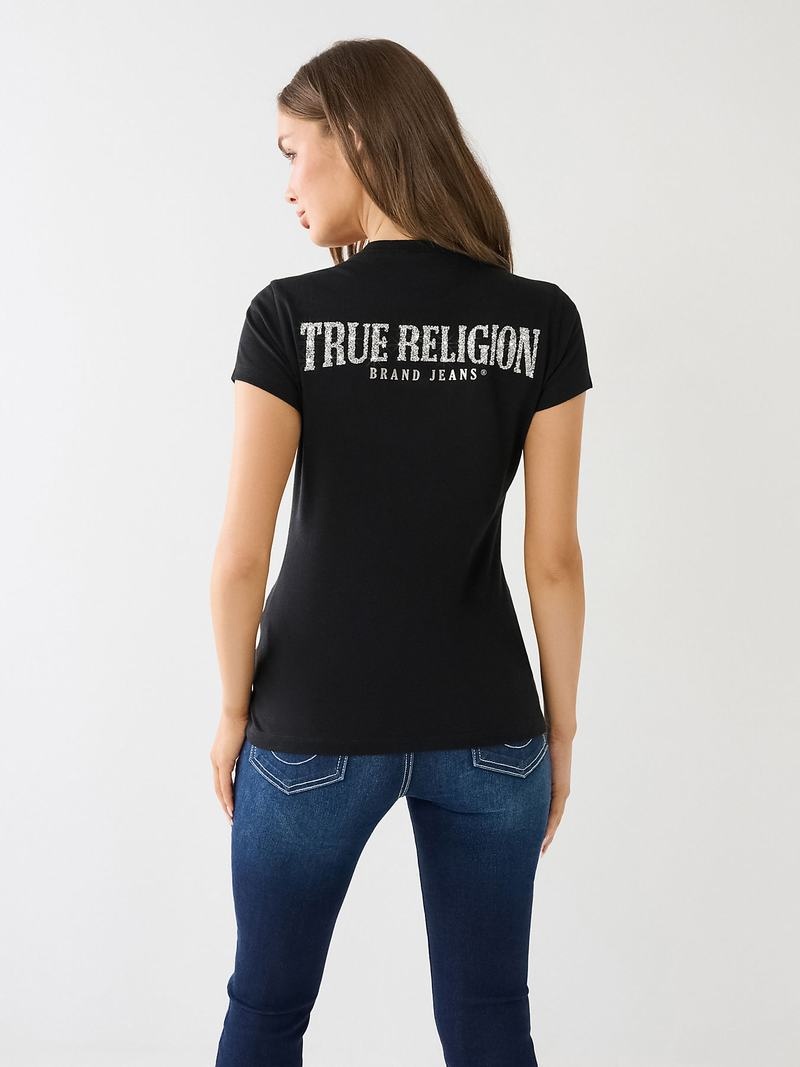 True Religion Crystal V Neck Logo T-Shirts Damen Schwarz | 57891DQXF