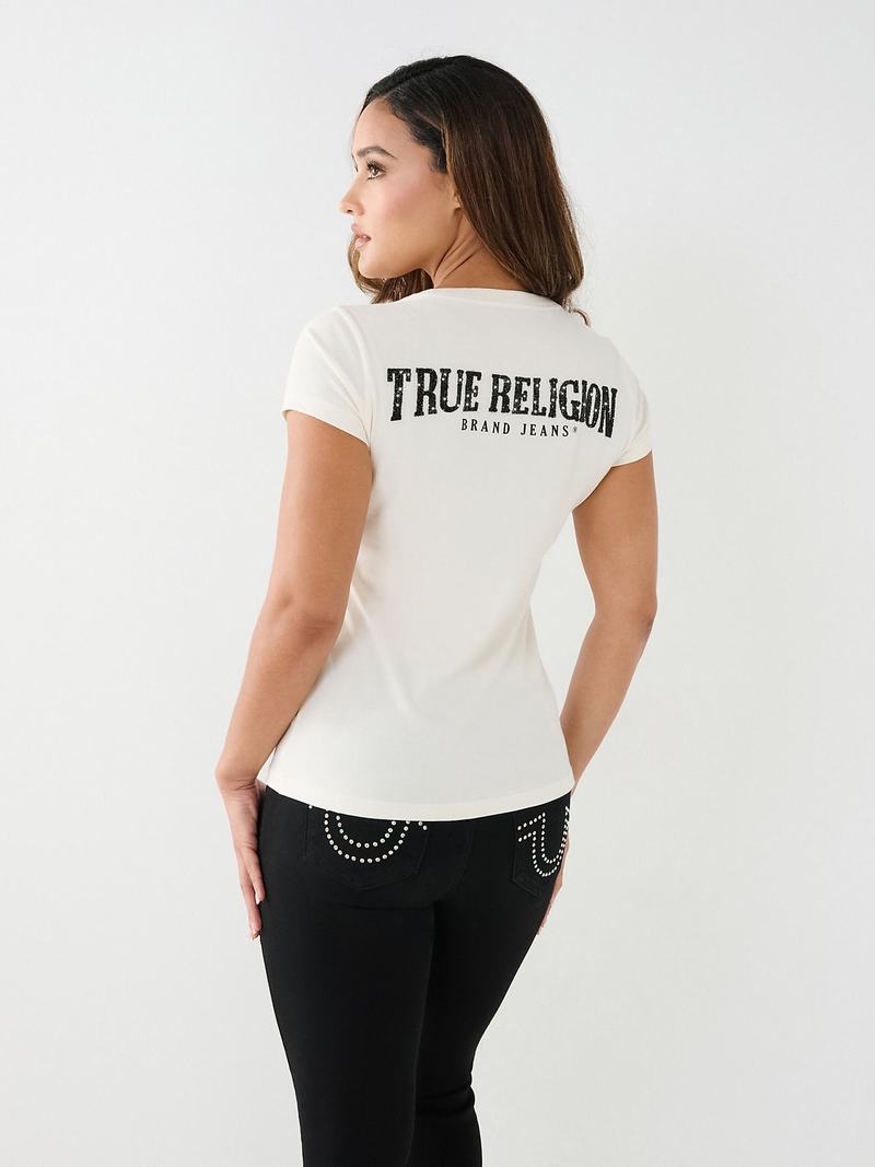 True Religion Crystal V Neck Logo T-Shirts Damen Weiß | 21945GHCL