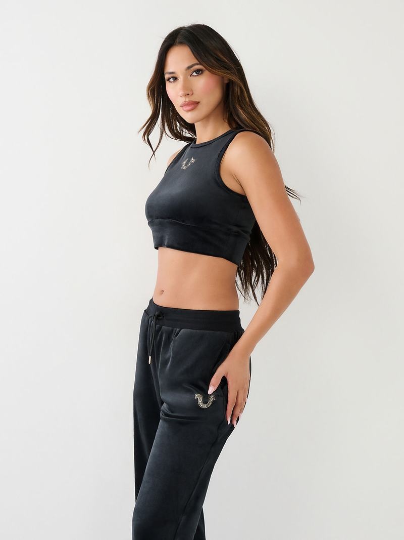 True Religion Crystal Velour Crop Tanktop Damen Schwarz | 07654KDEA