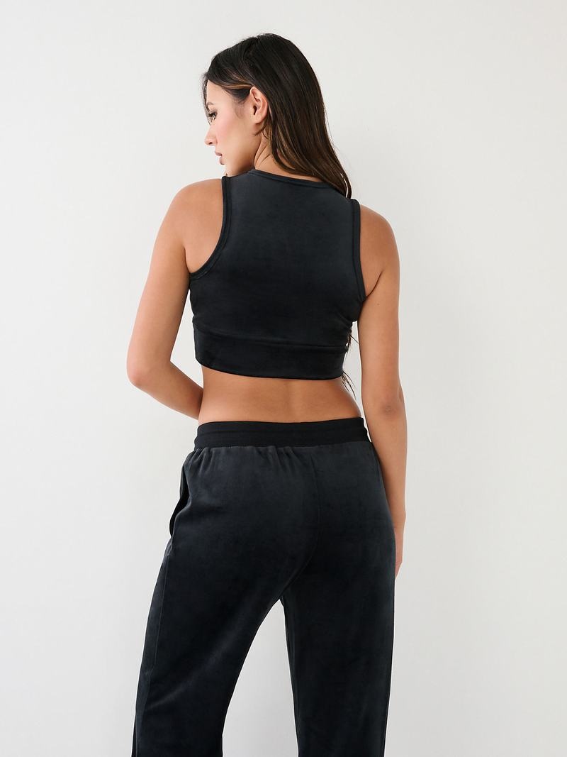 True Religion Crystal Velour Crop Tanktop Damen Schwarz | 07654KDEA