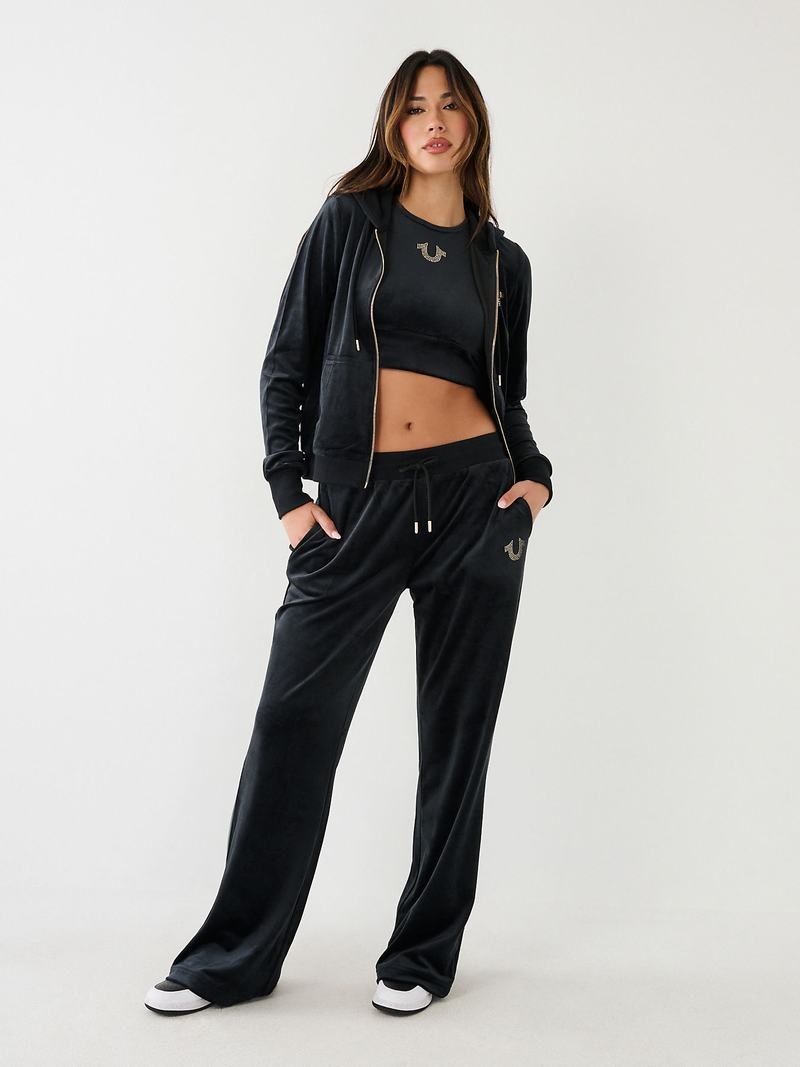 True Religion Crystal Velour Logo Jogginghose Damen Schwarz | 39405XZLR