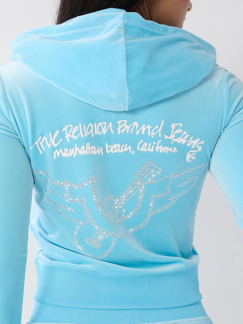 True Religion Crystal Velour Logo Zip Hoodie Damen Dunkelblau | 86243BLJS