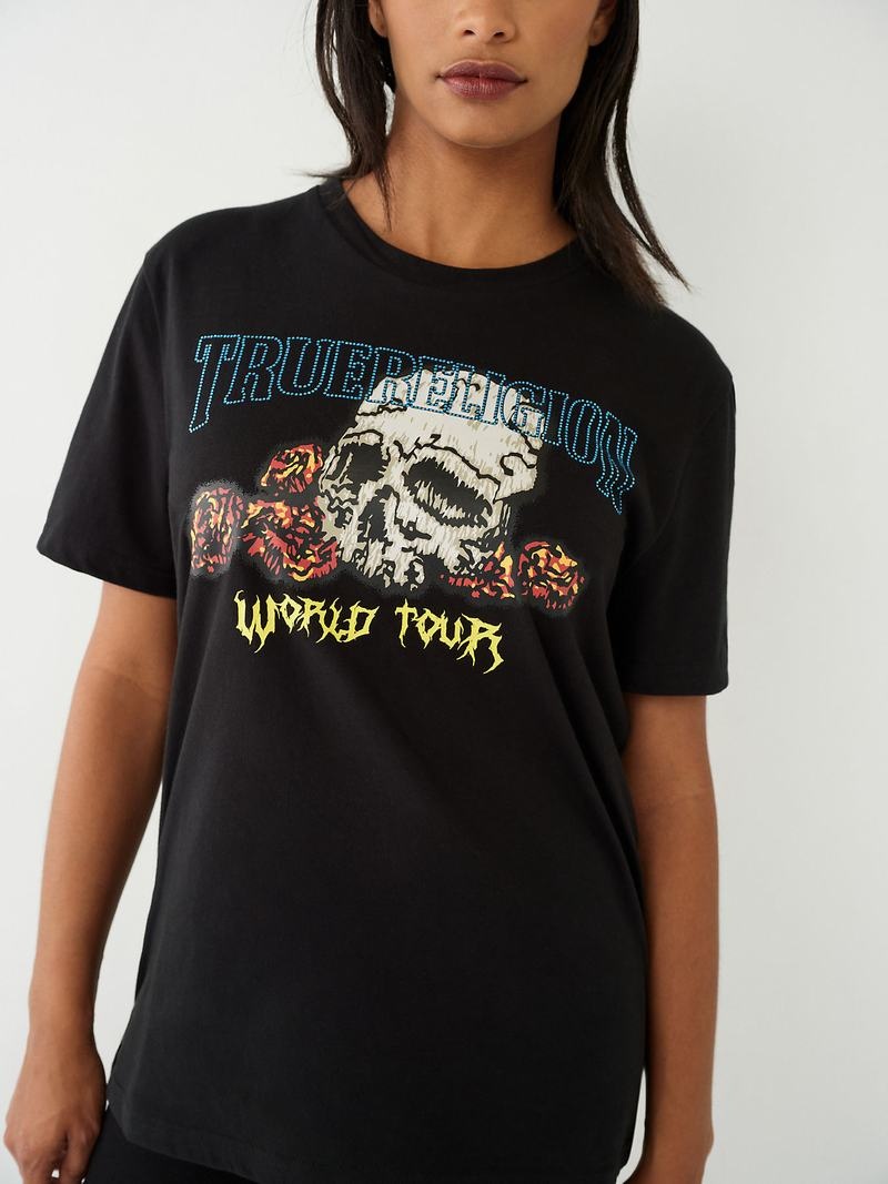 True Religion Crystal World Tour Relaxed T-Shirts Damen Schwarz | 42170JDRO