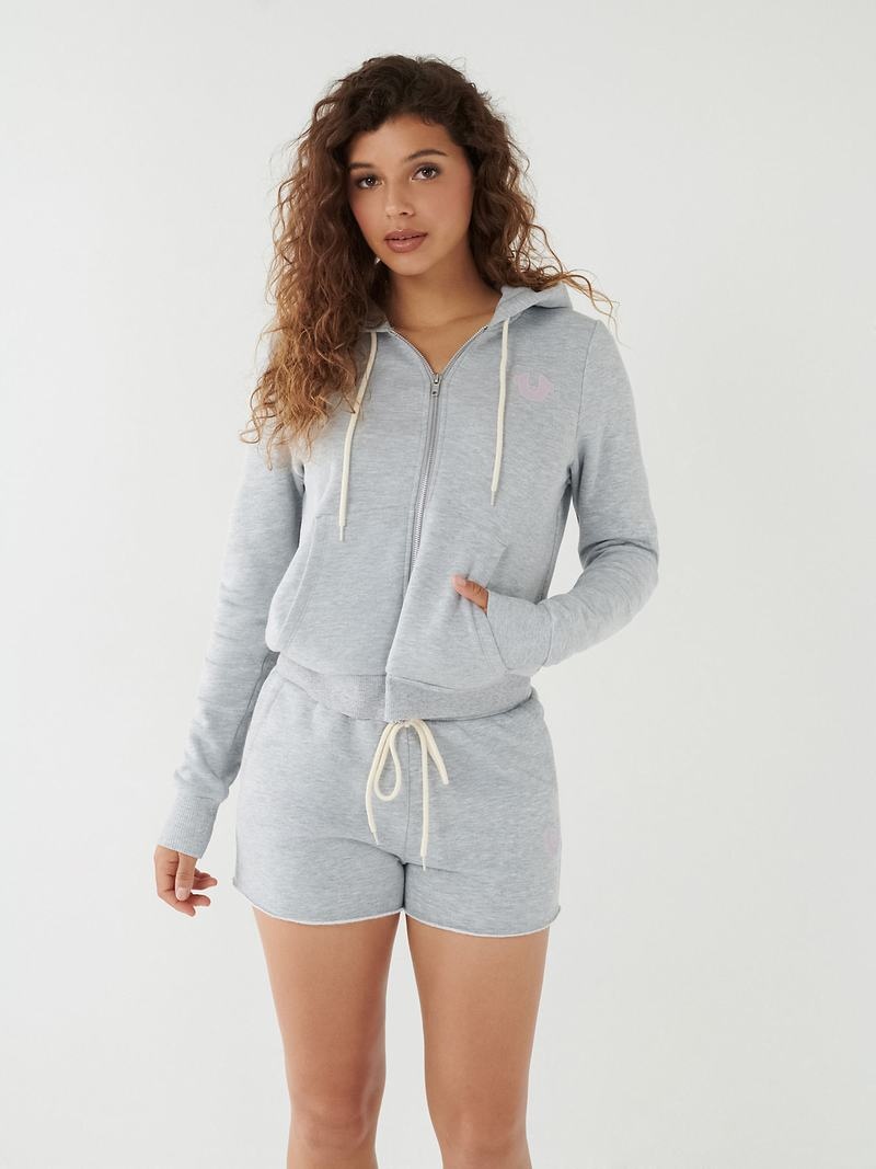 True Religion Crystal Zip Hoodie Damen Grau | 52947XRSF