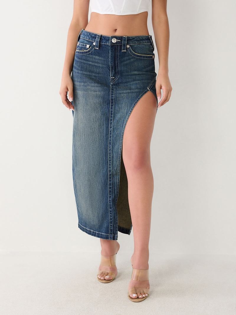 True Religion Cut Out Denim Maxi Rock Damen Dunkelwaschen | 73420JWAX