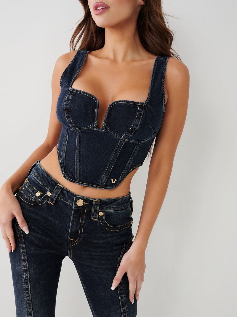 True Religion Denim Corset Oberteile Damen Navy | 48079DFPQ