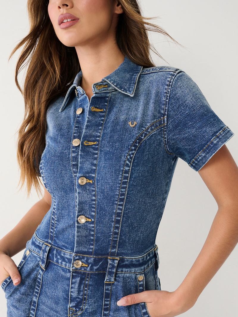 True Religion Denim Flare Jumpsuit Damen Blau | 76043YIJR