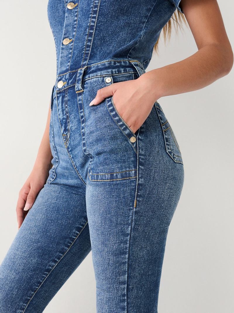 True Religion Denim Flare Jumpsuit Damen Blau | 76043YIJR