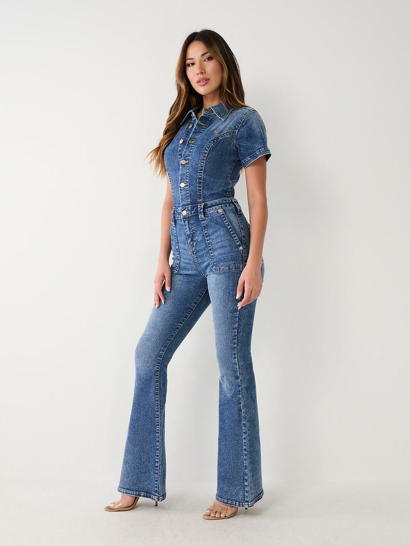 True Religion Denim Flare Jumpsuit Damen Blau | 76043YIJR