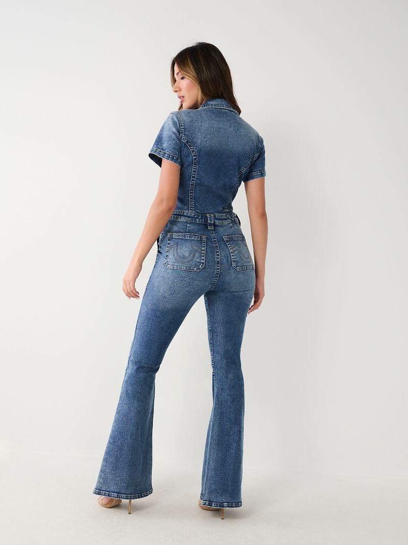 True Religion Denim Flare Jumpsuit Damen Blau | 76043YIJR