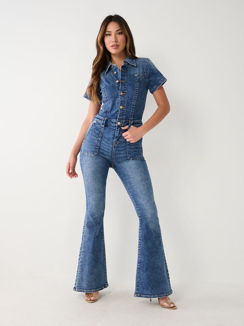 True Religion Denim Flare Jumpsuit Damen Blau | 76043YIJR