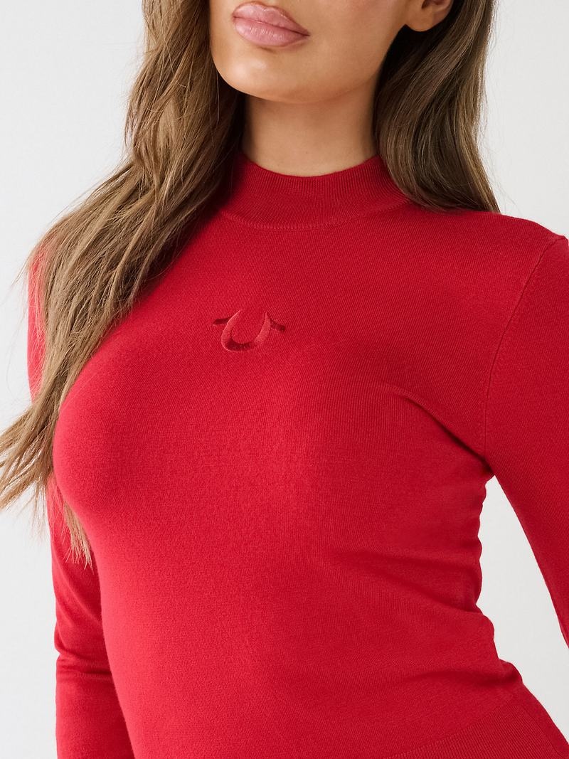 True Religion Embroidered Horseshoe Mock Neck Pullover Damen Rot | 92610DIBX