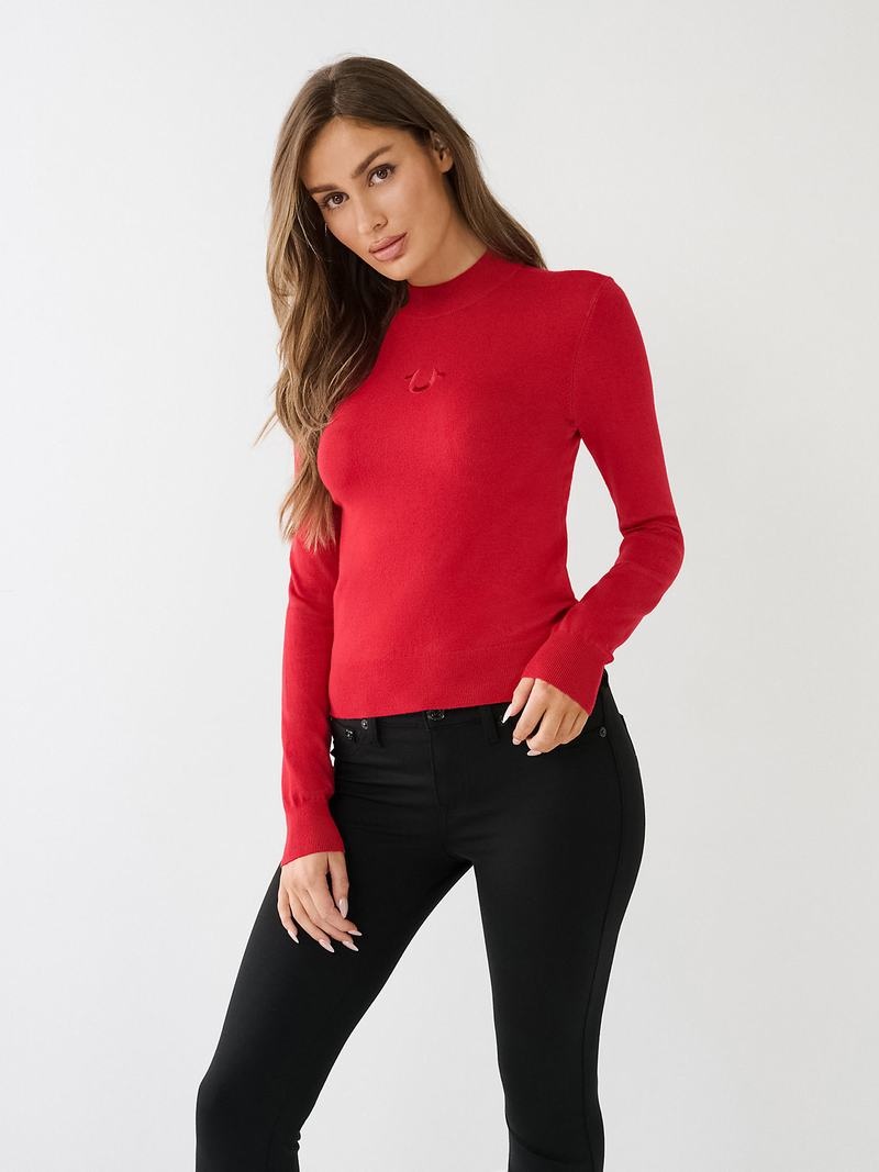 True Religion Embroidered Horseshoe Mock Neck Pullover Damen Rot | 92610DIBX