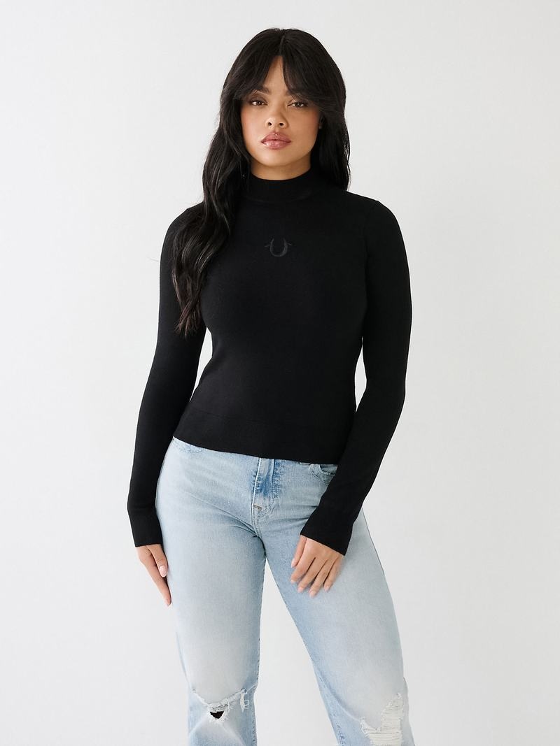 True Religion Embroidered Horseshoe Mock Neck Pullover Damen Schwarz | 45069ZHGU