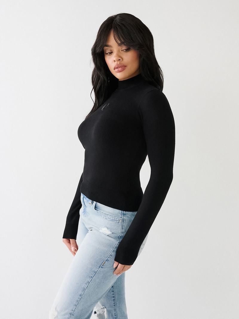 True Religion Embroidered Horseshoe Mock Neck Pullover Damen Schwarz | 45069ZHGU