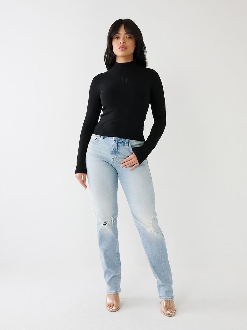 True Religion Embroidered Horseshoe Mock Neck Pullover Damen Schwarz | 45069ZHGU