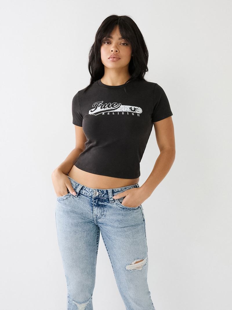 True Religion Faded Logo Baby T-Shirts Damen Schwarz | 89250KHCZ