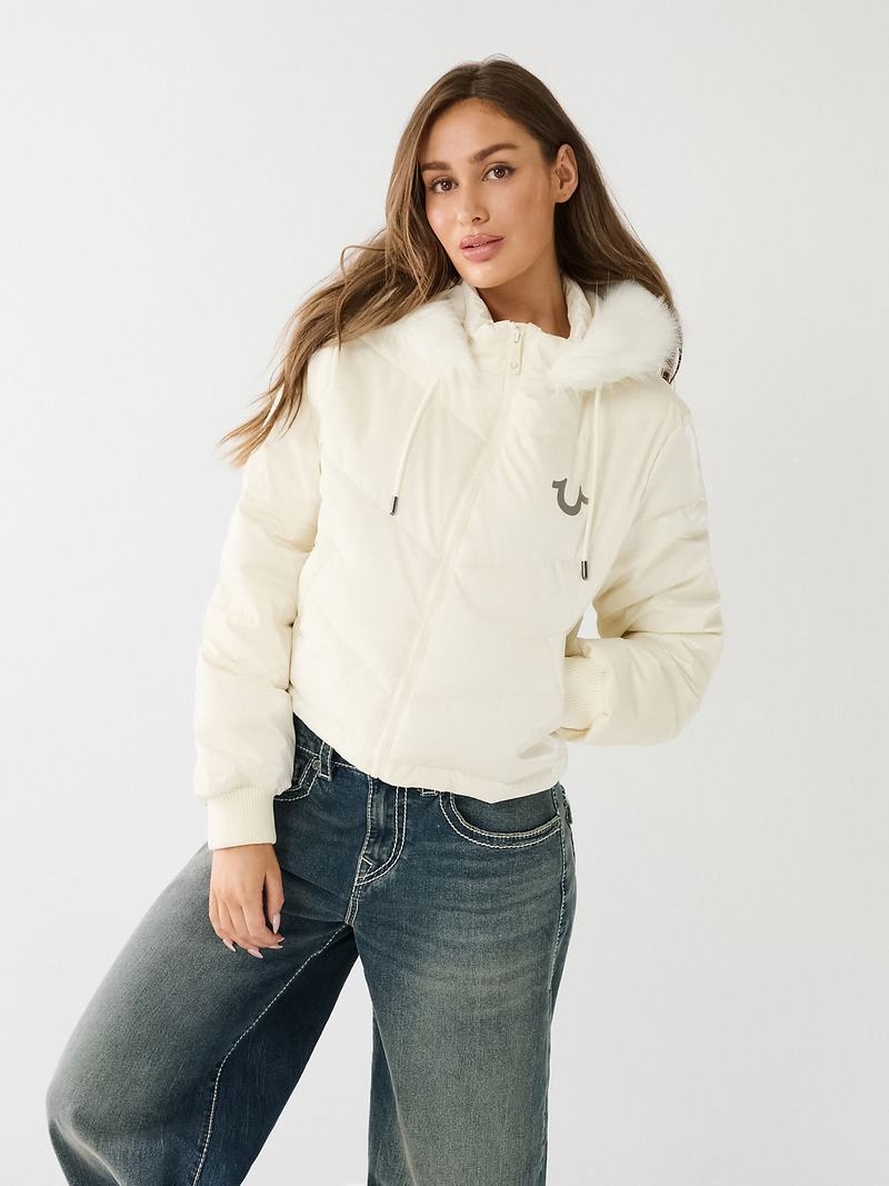 True Religion Faux Fur Mit Kapuze Puffer Oberteile Damen Weiß | 52361GKRI